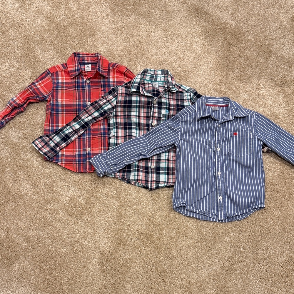Carter's Red, Green, and Blue Button-Down Shirt Trio. EUC. 3 shirts. 4T.  Boys